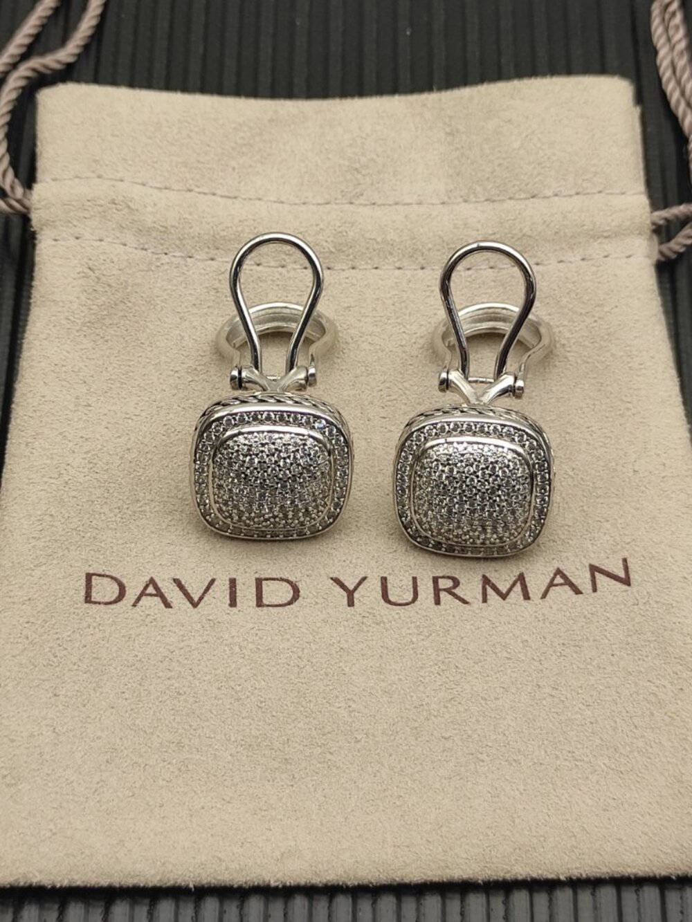 David Yurman Silver Pavé Cushion Omega Back Earrings